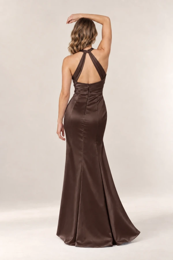 Anna Chocolate satin bridesmaid dress by Tania Olsen — rear view Anna Chocolate satin bridesmaid dress by Tania Olsen — rear view