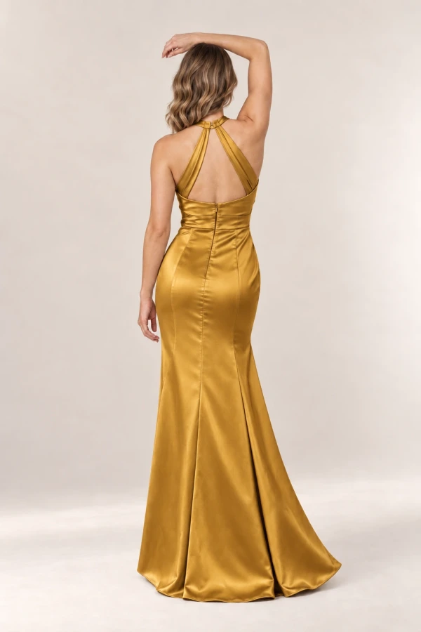 Anna Honey Gold satin bridesmaid dress by Tania Olsen — rear view Anna Honey Gold satin bridesmaid dress by Tania Olsen — rear view