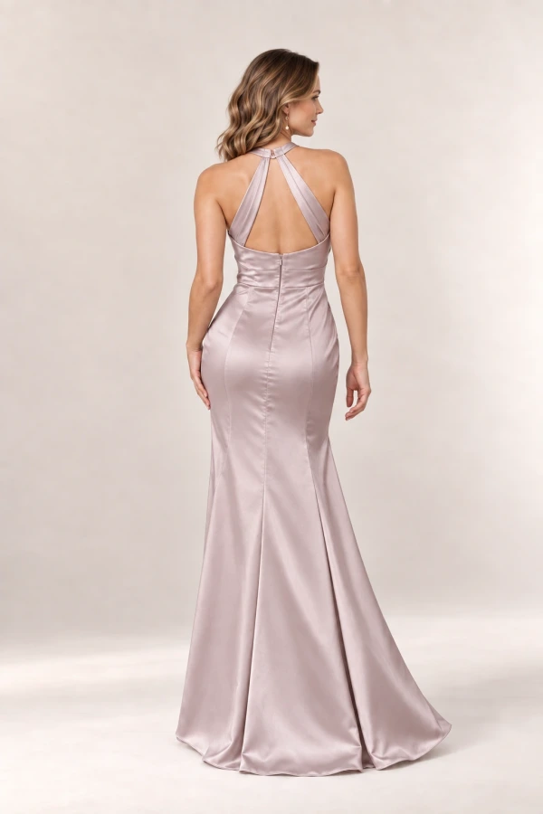 Anna Nougat satin bridesmaid dress by Tania Olsen — rear view Anna Nougat satin bridesmaid dress by Tania Olsen — rear view