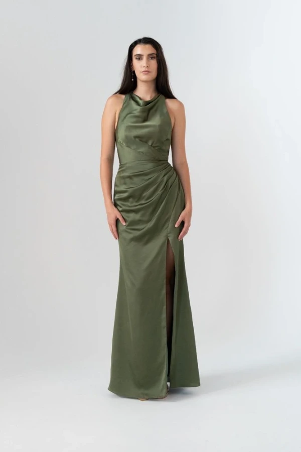 Anna satin bridesmaid dress by Tania Olsen in Olive, front view Anna satin bridesmaid dress by Tania Olsen in Olive, front view