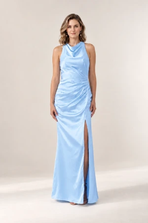 Anna Pale Blue satin bridesmaid dress by Tania Olsen — front view