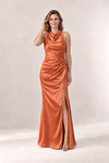 Anna Terracotta satin bridesmaid dress by Tania Olsen — front view