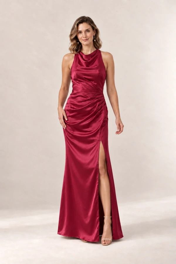 Anna Wine satin bridesmaid dress by Tania Olsen — front view Anna Wine satin bridesmaid dress by Tania Olsen — front view