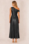 Black Elara satin bridesmaid dress by Dressology, blonde model, back view