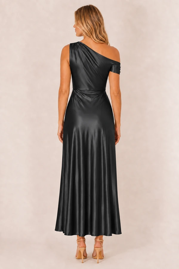 elara-black-blonde-back-v1 Black Elara satin bridesmaid dress by Dressology, blonde model, back view