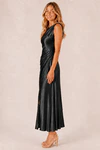 Black Elara satin bridesmaid dress by Dressology, blonde model, side view
