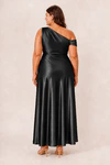 Black Elara satin bridesmaid dress by Dressology, curvy model, back view