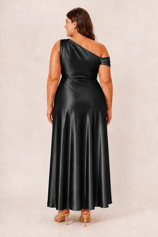 elara-black-curvy-back-v1 Black Elara satin bridesmaid dress by Dressology, curvy model, back view