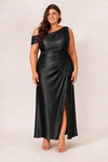 Black Elara satin bridesmaid dress by Dressology, curvy model, front view
