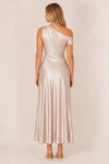 Champagne Elara satin bridesmaid dress by Dressology, blonde model, back view