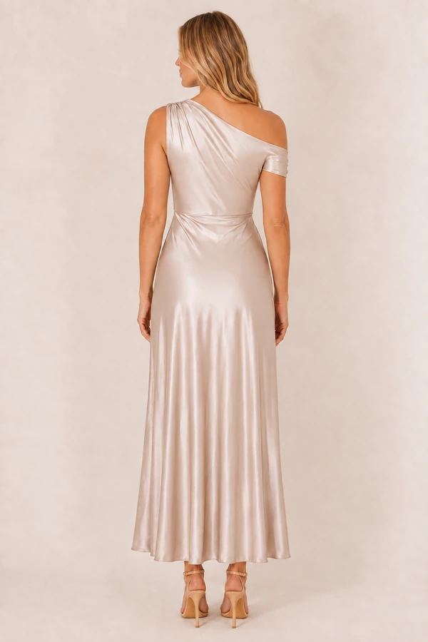 elara-champagne-blonde-back-v1 Champagne Elara satin bridesmaid dress by Dressology, blonde model, back view