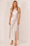Champagne Elara satin bridesmaid dress by Dressology, blonde model, front view