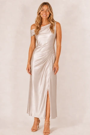 Champagne Elara satin bridesmaid dress by Dressology, blonde model, front view