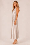 Champagne Elara satin bridesmaid dress by Dressology, blonde model, side view