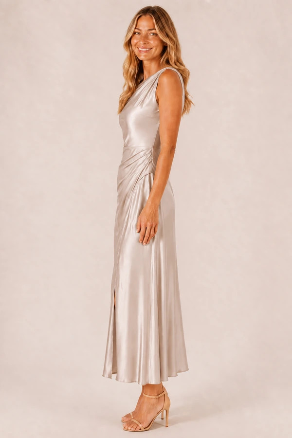 elara-champagne-blonde-side-v1 Champagne Elara satin bridesmaid dress by Dressology, blonde model, side view