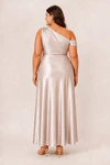Champagne Elara satin bridesmaid dress by Dressology, curvy model, back view