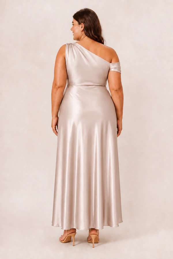 elara-champagne-curvy-back-v1 Champagne Elara satin bridesmaid dress by Dressology, curvy model, back view