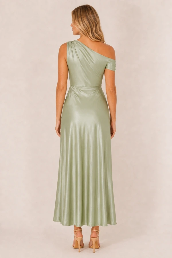 Elara Sage Green satin bridesmaid dress by Dressology, blonde back Elara Sage Green satin bridesmaid dress by Dressology, blonde back