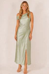 Elara Sage Green satin bridesmaid dress by Dressology, blonde polished tan front