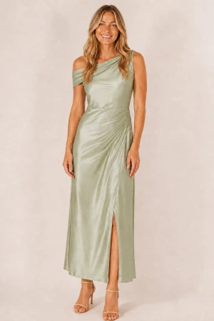 Elara Sage Green satin bridesmaid dress by Dressology, blonde polished tan front