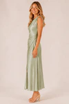 Elara Sage Green satin bridesmaid dress by Dressology, blonde side