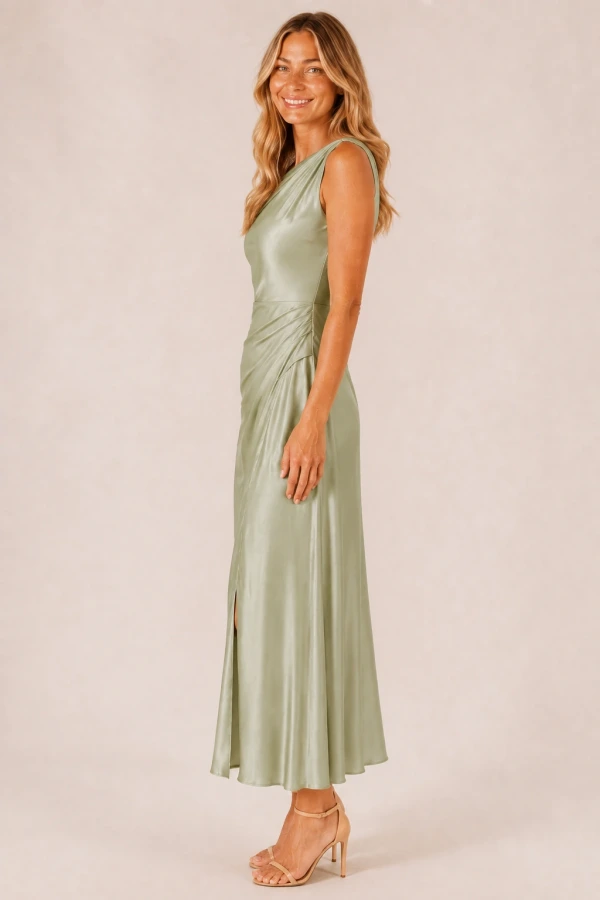 Elara Sage Green satin bridesmaid dress by Dressology, blonde side Elara Sage Green satin bridesmaid dress by Dressology, blonde side