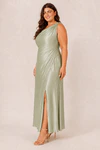 Elara Sage Green satin bridesmaid dress by Dressology, curvy side