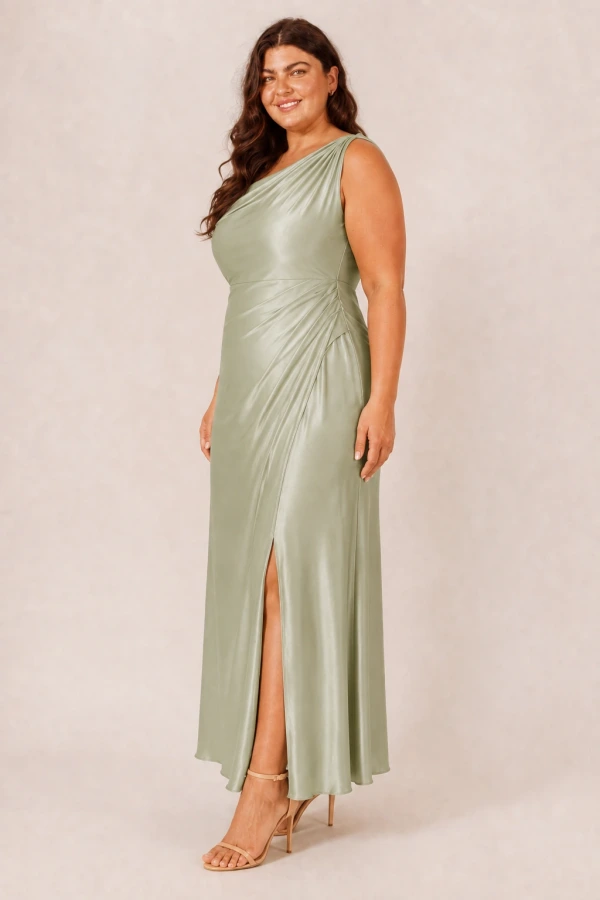 Elara Sage Green satin bridesmaid dress by Dressology, curvy side Elara Sage Green satin bridesmaid dress by Dressology, curvy side
