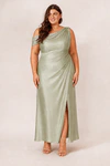 Elara Sage Green satin bridesmaid dress by Dressology, curvy tan front