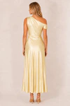 Yellow Elara satin bridesmaid dress by Dressology, blonde model, back view