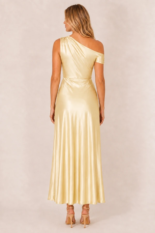 elara-yellow-blonde-back-v1 Yellow Elara satin bridesmaid dress by Dressology, blonde model, back view