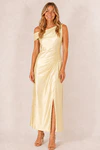 Yellow Elara satin bridesmaid dress by Dressology, blonde model, front view