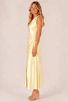 Yellow Elara satin bridesmaid dress by Dressology, blonde model, side view