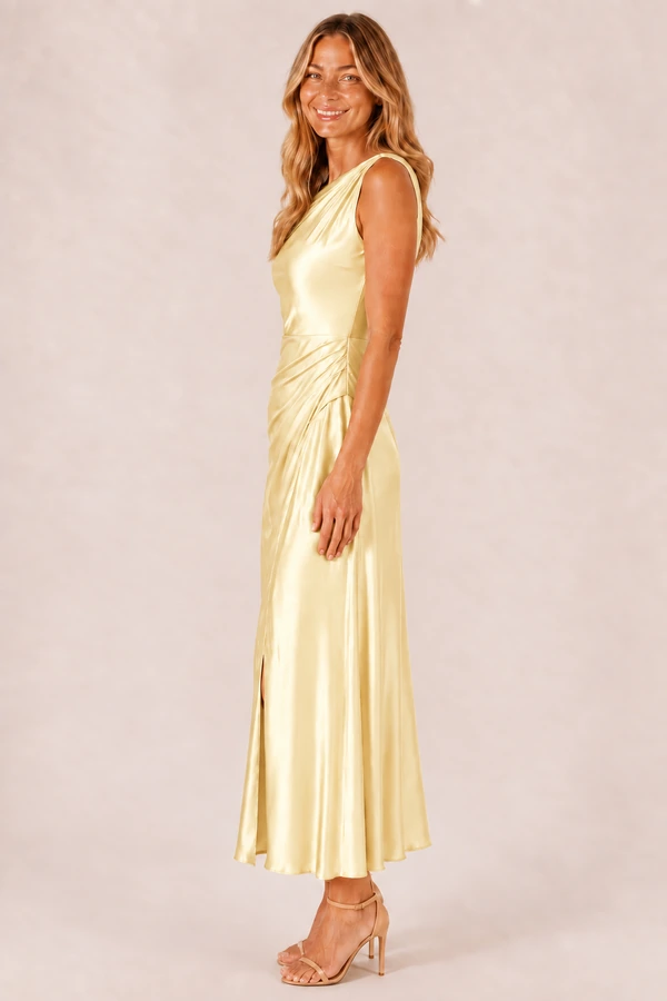 elara-yellow-blonde-side-v1 Yellow Elara satin bridesmaid dress by Dressology, blonde model, side view