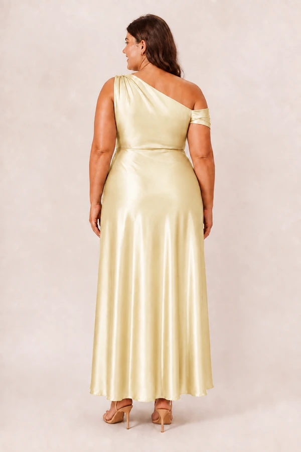 elara-yellow-curvy-back-v1 Yellow Elara satin bridesmaid dress by Dressology, curvy model, back view