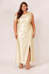Yellow Elara satin bridesmaid dress by Dressology, curvy model, front view