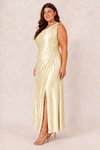 Yellow Elara satin bridesmaid dress by Dressology, curvy model, side view