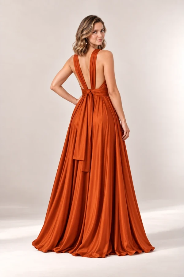 Infinity wrap burnt orange bridesmaid dress by Tania Olsen - rear view Infinity wrap burnt orange bridesmaid dress by Tania Olsen - rear view