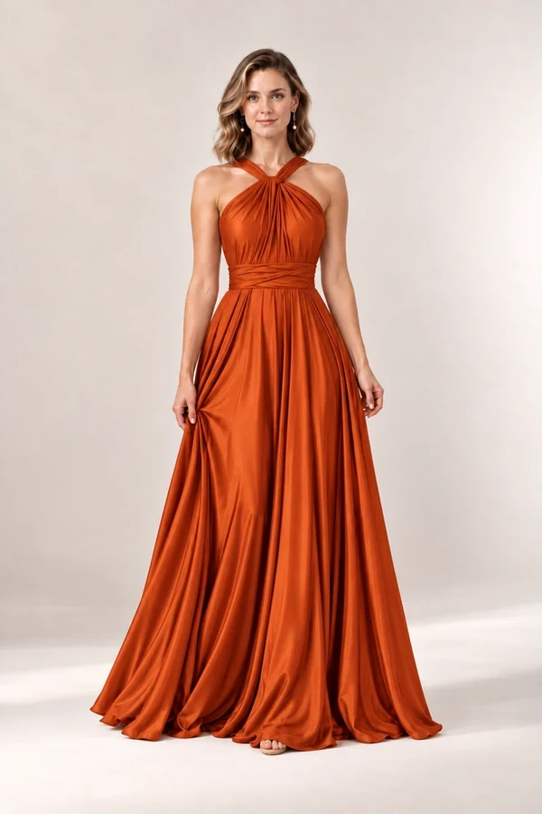 Infinity Wrap Burnt Orange bridesmaid dress by Tania Olsen - full-length front Infinity Wrap Burnt Orange bridesmaid dress by Tania Olsen - full-length front