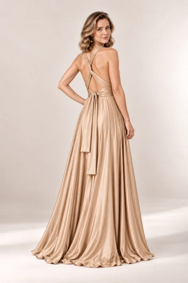 Infinity wrap champagne bridesmaid dress by Tania Olsen - rear view Infinity wrap champagne bridesmaid dress by Tania Olsen - rear view