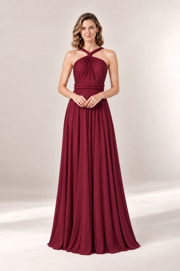 Infinity Wrap Merlot Red bridesmaid dress by Tania Olsen - full-length front Infinity Wrap Merlot Red bridesmaid dress by Tania Olsen - full-length front