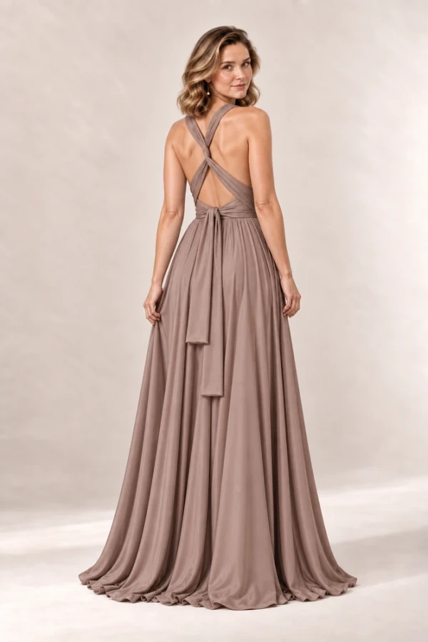 Infinity wrap mocha bridesmaid dress by Tania Olsen - rear view Infinity wrap mocha bridesmaid dress by Tania Olsen - rear view