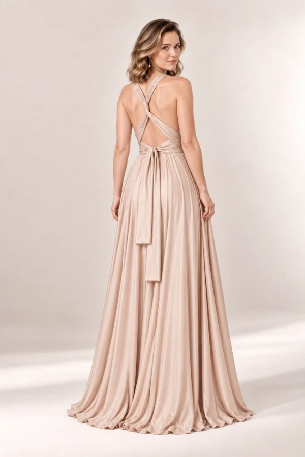 Infinity wrap pearl blush bridesmaid dress by Tania Olsen - rear view Infinity wrap pearl blush bridesmaid dress by Tania Olsen - rear view