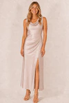 Marielle Champagne Satin Bridesmaid Dress by Dressology — blonde model, front view with cowl neckline and draped skirt