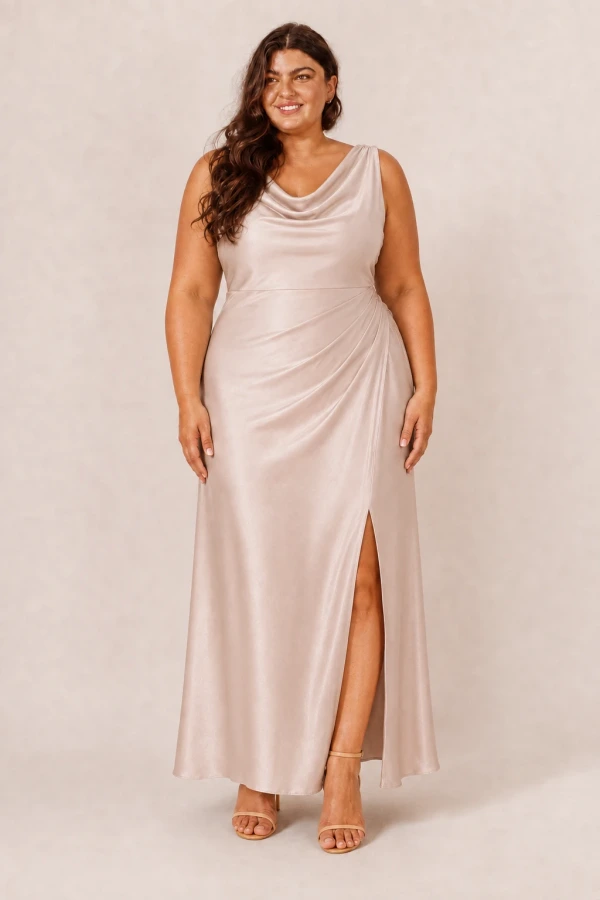 Marielle Champagne Satin Bridesmaid Dress by Dressology — curvy model, front view with cowl neckline and draped skirt Marielle Champagne Satin Bridesmaid Dress by Dressology — curvy model, front view with cowl neckline and draped skirt