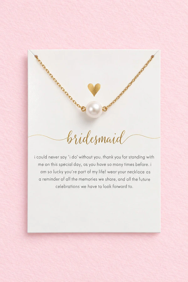 Bridesmaid Gold Pearl Necklace on Gift Card Bridesmaid Gold Pearl Necklace on Gift Card