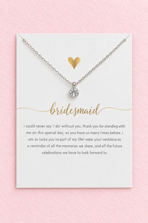 Bridesmaid Silver Crystal Necklace on Gift Card