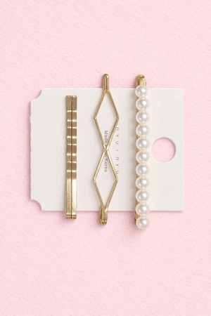 Gold Pearl Bar and Diamond Hair Pin Set (3 Piece)