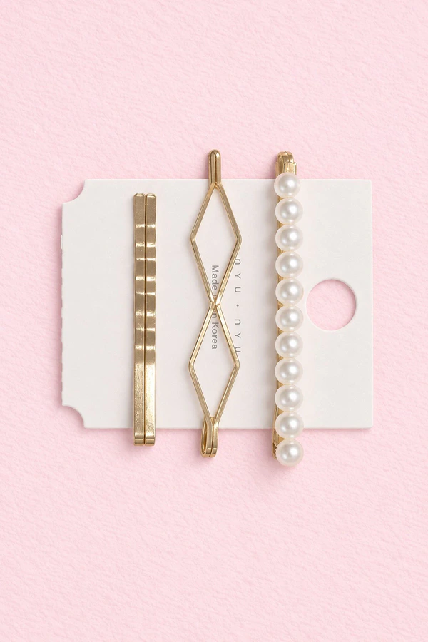 Gold Pearl Bar and Diamond Hair Pin Set (3 Piece) Gold Pearl Bar and Diamond Hair Pin Set (3 Piece)