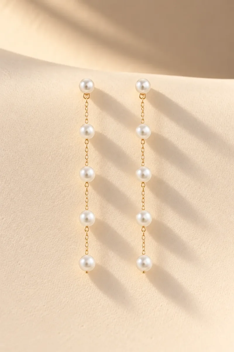 Gold pearl chain drop earrings for bridesmaids